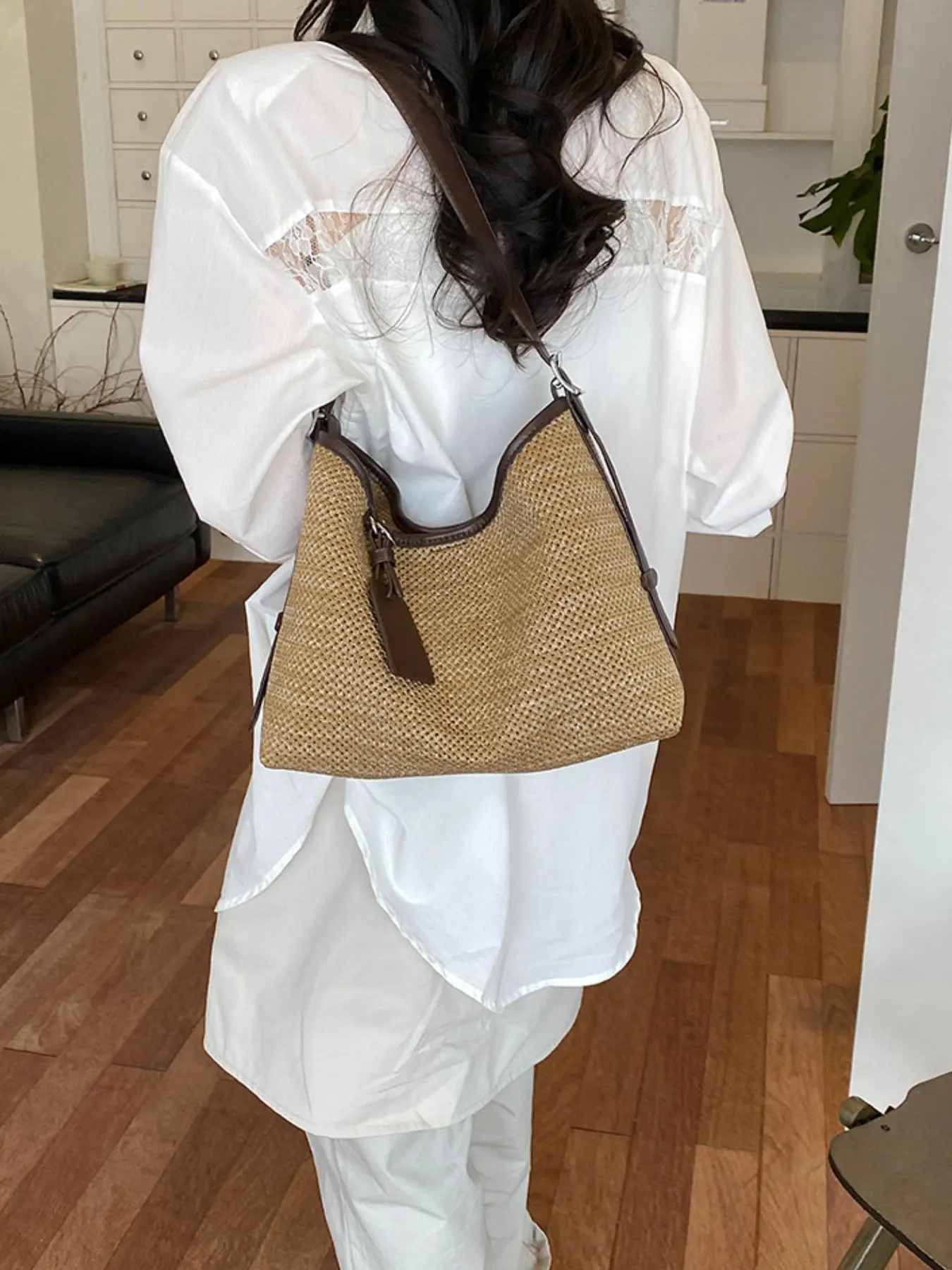 Leather Trim Woven Shoulder Bag
