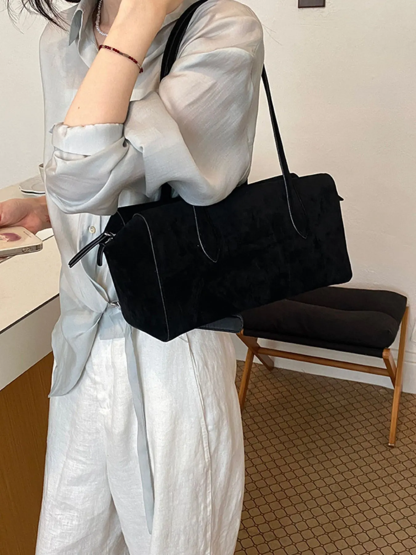 Suede Texture Rectangular Shoulder Bag