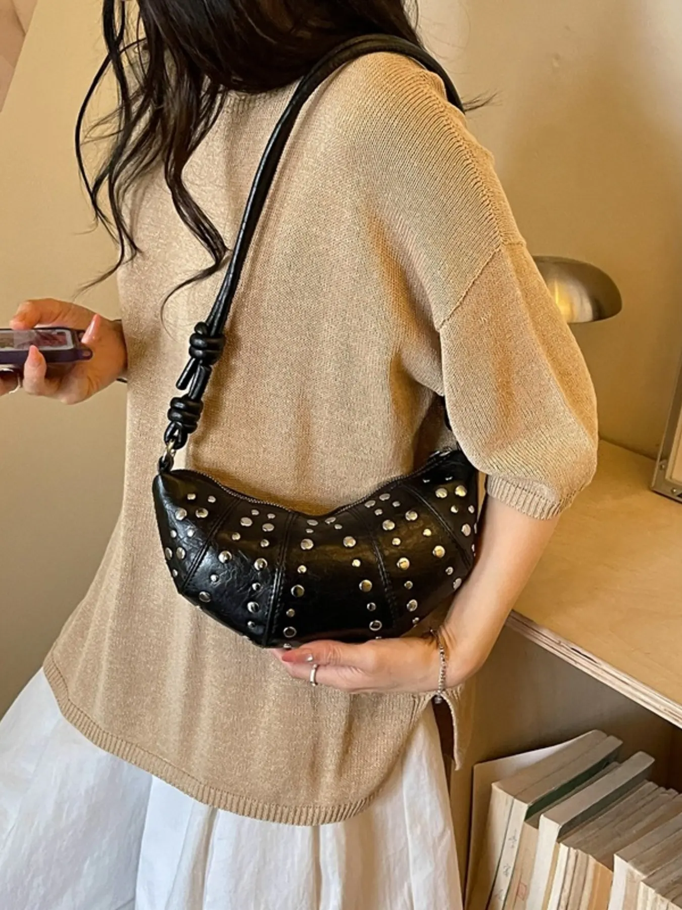 Studded Crescent Shoulder Bag