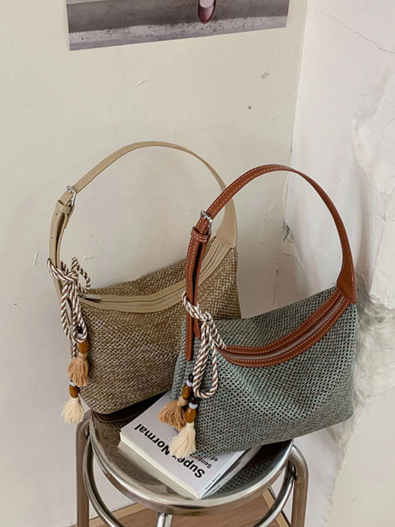 Woven Shoulder Bag with Tassel