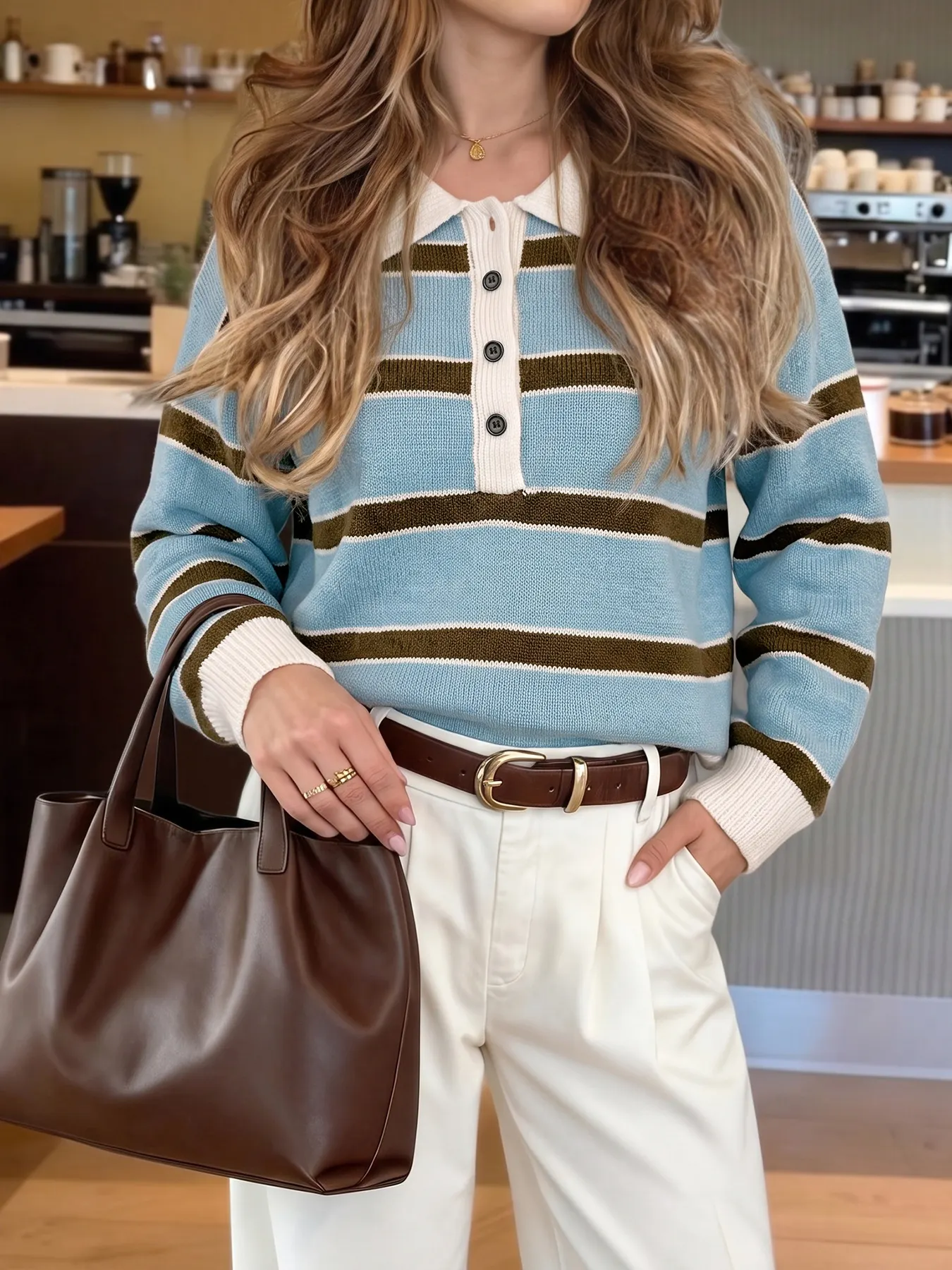 Striped Polo Collar Sweaters